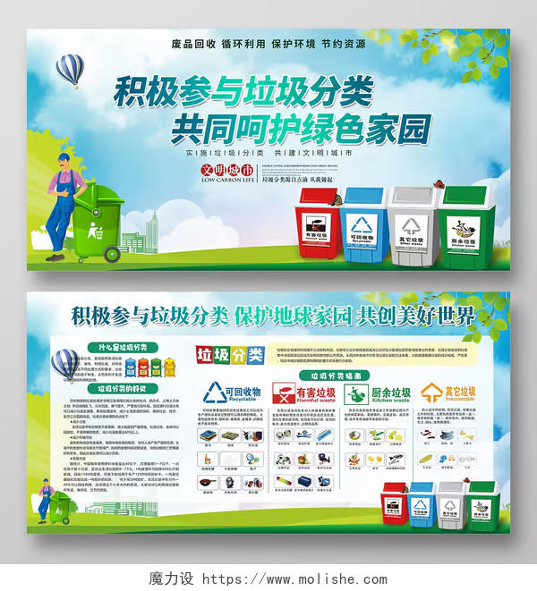 大气创建文明城市垃圾分类保护环境公益宣传栏展板psd模板